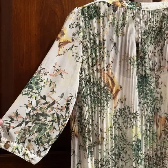 TED BAKER Women’s Dancing Leaves Sheer Pleated 3/4 Sleeved Blouse Sz US 10/L NWT - Picture 12 of 16